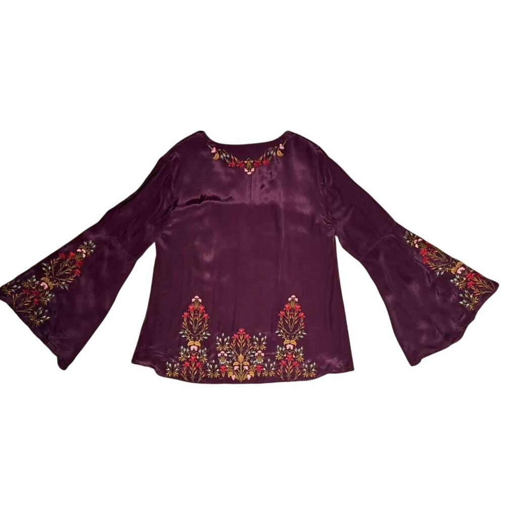 Sundance Embroidered Blouse Women's Small Burgundy V-Neck Bell Sleeve Boho - Picture 5 of 12